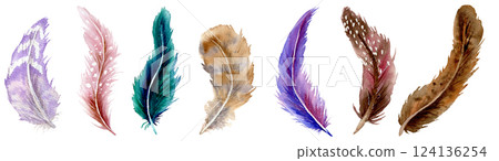 Watercolor set of seven different color feathers with different vibrant 124136254