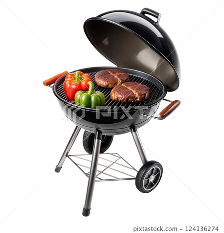 There is a barbecue grill sizzling with hamburgers and colorful peppers on it There is a barbecue grill sizzling with hamburgers and colorful peppers on it 124136274