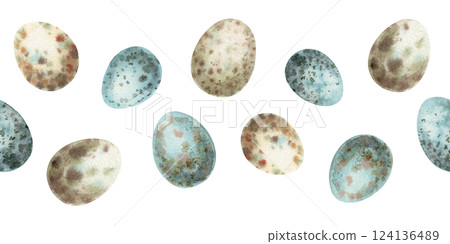 Easter seamless border with blue and beige quail egg in vintage style. Hand drawn watercolor design of scattered small eggs. Graphic print ideal for card template. Perfect for spring holiday season. 124136489