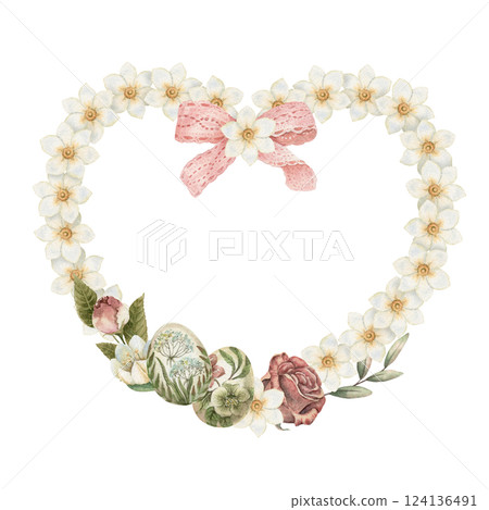 Heart shape wreath with rose flower and Easter egg in vintage style. Hand drawn watercolor decorative festive design. Graphic drawing for greeting card template. Perfect for spring holiday season. Heart shape wreath with rose flower and Easter egg in vintage style. Hand drawn watercolor decorative festive design. Graphic drawing for greeting card template. Perfect for spring holiday season. 124136491