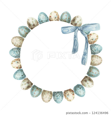 Easter wreath with quail egg and ribbon in vintage style. Hand drawn watercolor decorative festive design. Graphic circle frame with bow for greeting card template. Perfect for spring holiday season. Easter wreath with quail egg and ribbon in vintage style. Hand drawn watercolor decorative festive design. Graphic circle frame with bow for greeting card template. Perfect for spring holiday season. 124136496