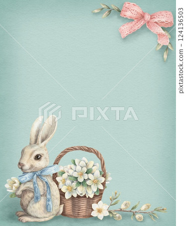 Easter background with cute bunny and flower basket in vintage style. Drawn watercolor design with nest. Vertical blue frame with copy space. Perfect for greeting card and holiday template. 124136503