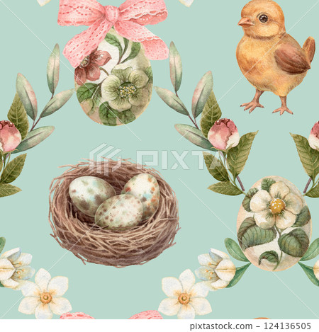 Easter seamless pattern with cute chick and nest on the blue background. Hand drawn watercolor grid design in vintage style. Flower print ideal for wallpaper. Perfect for holiday fabric and paper. Easter seamless pattern with cute chick and nest on the blue background. Hand drawn watercolor grid design in vintage style. Flower print ideal for wallpaper. Perfect for holiday fabric and paper. 124136505