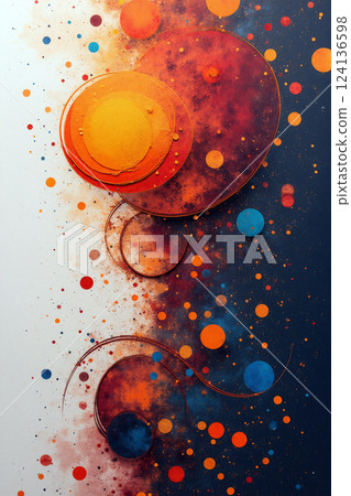 Abstract Art Piece Featuring Circular Shapes and Vibrant Colors in a Cosmic Theme 124136598