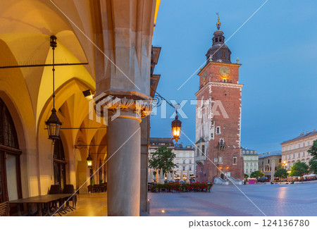Town Hall Tower at Dawn in Krakow, Poland 124136780