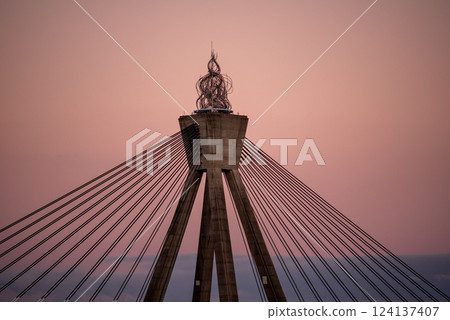 Grand Olympic Bridge, in the shape of the Olympic torch, over the Han River in Seoul, South Korea Grand Olympic Bridge, in the shape of the Olympic torch, over the Han River in Seoul, South Korea 124137407
