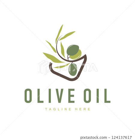 vintage design of olive plant, garden plant producing olive oil, illustration of simple olive logo, symbol, template 124137617
