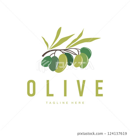 vintage design of olive plant, garden plant producing olive oil, illustration of simple olive logo, symbol, template 124137619