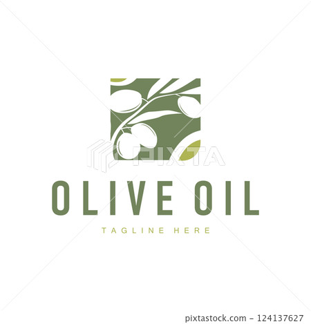 vintage design of olive plant, garden plant producing olive oil, illustration of simple olive logo, symbol, template 124137627