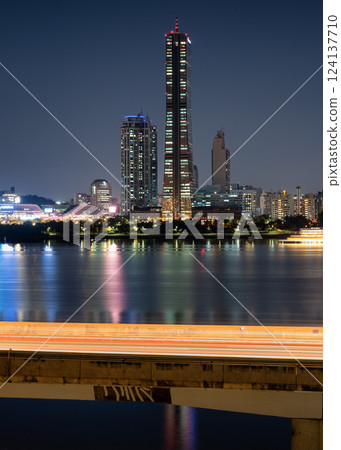 Night view of Han river Hangang and urban cityscape of Seoul, capital of South Korea Night view of Han river Hangang and urban cityscape of Seoul, capital of South Korea 124137710