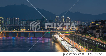 Night view of Han river Hangang and urban cityscape of Seoul, capital of South Korea Night view of Han river Hangang and urban cityscape of Seoul, capital of South Korea 124137728
