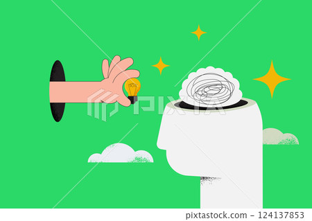 Human head silhouette and hand give light bulb into the Tangled scribble brain. Creating solution. Innovation and problem solution idea concept. Flat Vector Illustration. 124137853