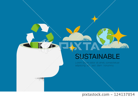 Recycling concept. Human head with Recycle symbol and Earth Globe on background. The concept of sustainable development for business, ecology and environment. Flat vector illustration. Recycling concept. Human head with Recycle symbol and Earth Globe on background. The concept of sustainable development for business, ecology and environment. Flat vector illustration. 124137854