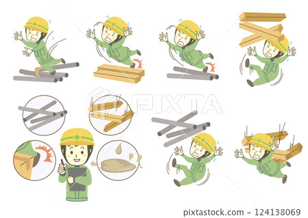 A set of male construction workers considering fall prevention measures for iron pipes, wood, etc. 124138069
