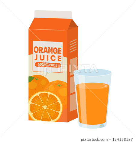 紙盒和杯子裡的橙汁_向量插圖 124138187