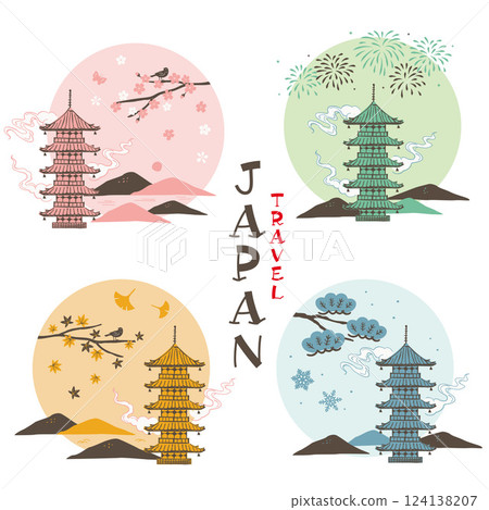 五層寶塔與四季景觀設定日本旅遊概念 124138207