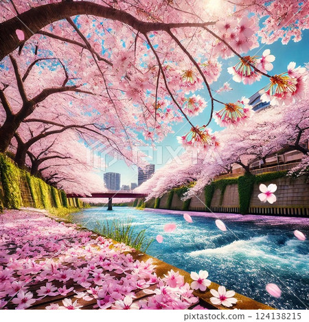 櫻花隨風飛舞，春天的河畔 124138215