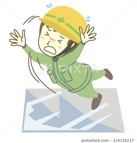 男建築工人在濕滑的地板上滑倒 124138217