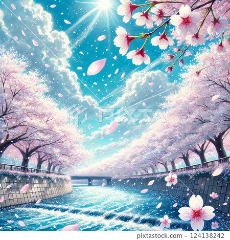 櫻花盛開的春天天空和水邊 櫻花盛開的春天天空和水邊 124138242