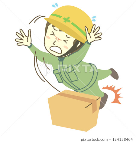 Male construction worker falls over a piece of cardboard 124138464