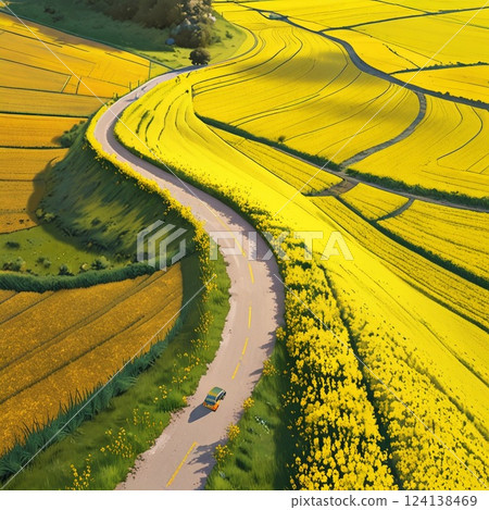 A sea of rape blossoms decorating the countryside and paths 124138469