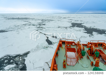 Monbetsu City, Hokkaido: The tip of the Garinko sailing through the drift ice of the Sea of Okhotsk Monbetsu City, Hokkaido: The tip of the Garinko sailing through the drift ice of the Sea of Okhotsk 124138848