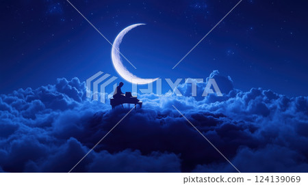 pianist plays grand piano on cloud under crescent moon in dreamy night sky 124139069