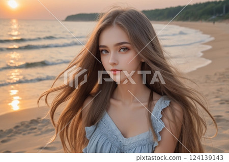 A woman walking along the beach at sunset A woman walking along the beach at sunset 124139143