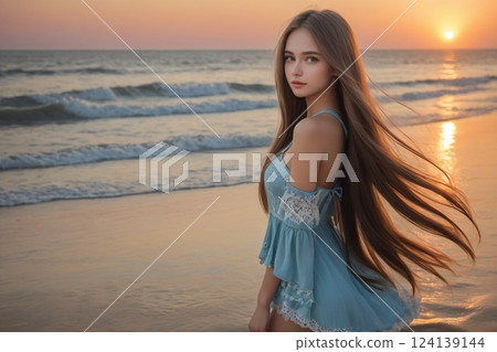 A woman walking along the beach at sunset 124139144