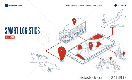 3D isometric template showcasing smart logistics solutions that integrate delivery robots, warehouse management systems, and transportation to optimize the entire supply chain process. 3D isometric template showcasing smart logistics solutions that integrate delivery robots, warehouse management systems, and transportation to optimize the entire supply chain process. 124139381