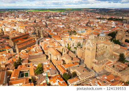 Drone view of historic area of Salamanca with cathedral and La Clerecia Drone view of historic area of Salamanca with cathedral and La Clerecia 124139553