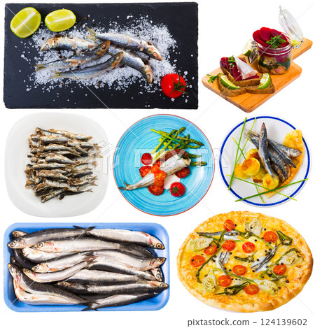 Assorted dishes from small fish - sprat, hamsa, anchovy, sardines 124139602