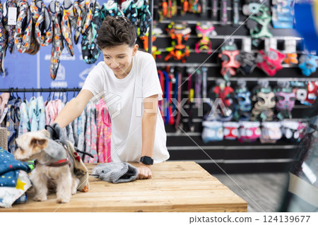 Teenage boy chooses clothes for Yorkshire terrier in pet store 124139677