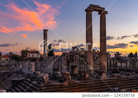 Ruined temple of Apollo in Turkish town Didim at sunset Ruined temple of Apollo in Turkish town Didim at sunset 124139739
