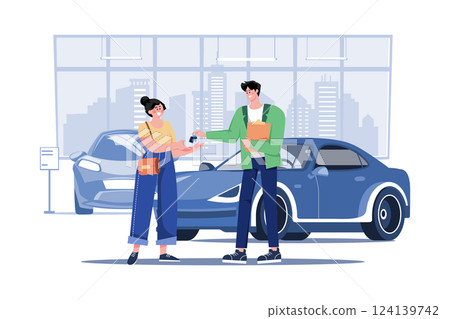 Young Smiling Woman Getting Key To A New Car Young Smiling Woman Getting Key To A New Car 124139742
