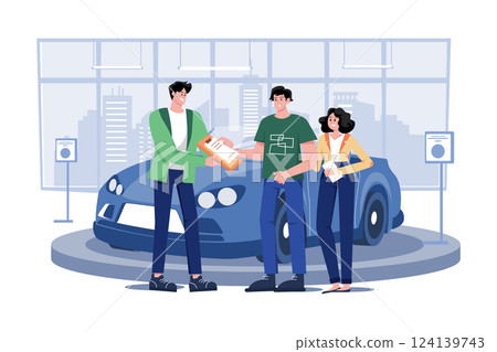Car Dealer Explaining Sales Contract To A Couple Buying A Car Car Dealer Explaining Sales Contract To A Couple Buying A Car 124139743