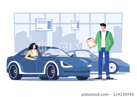 Young Woman Testing A Car In A Car Showroom Young Woman Testing A Car In A Car Showroom 124139748
