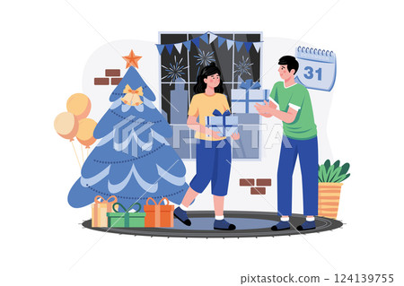 Man Gifting Christmas Gift To Woman Man Gifting Christmas Gift To Woman 124139755