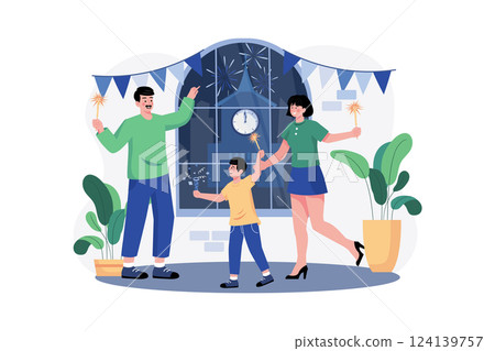 Family Greeting New Year's Eve With Flares 124139757