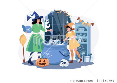 Mother And Daughter Are Preparing Food For The Halloween Party Mother And Daughter Are Preparing Food For The Halloween Party 124139765