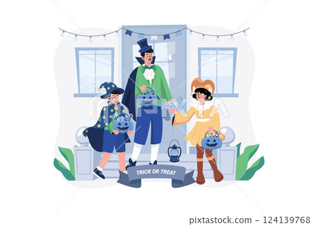 Dad And Kids Are Doing Trick Or Treat And Having Fun On Halloween 124139768
