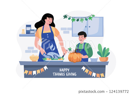 Mother And Son Are Preparing Food For Thanksgiving Day 124139772