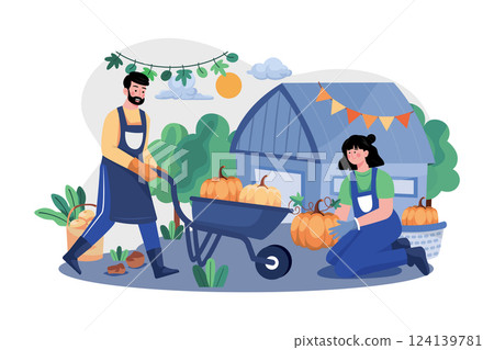 The Couple Is Preparing Pumpkins For Thanksgiving Day 124139781