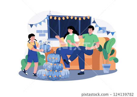 The Family Decorates For Thanksgiving Day Together 124139782