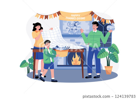 The Family Decorates For Thanksgiving Day Together The Family Decorates For Thanksgiving Day Together 124139783