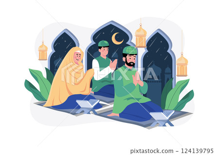 Muslim family reading Quran Illustration concept on white background Muslim family reading Quran Illustration concept on white background 124139795