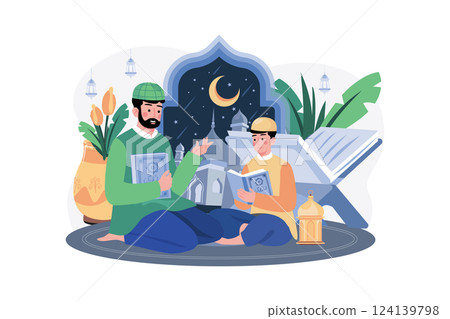 Muslim father and son reading Quran 124139798