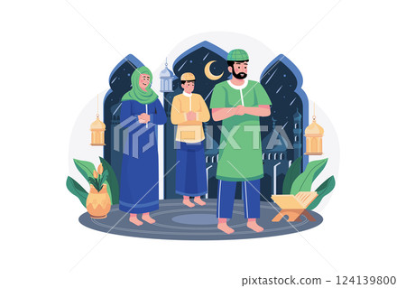 Muslim people praying together Illustration concept on white background Muslim people praying together Illustration concept on white background 124139800