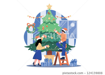 Christmas Decorations At Home Illustration concept. A flat illustration isolated on white background Christmas Decorations At Home Illustration concept. A flat illustration isolated on white background 124139808