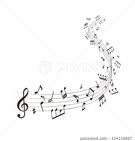 波浪形樂譜：音符圍繞五線譜舞動的背景向量插圖 124139887
